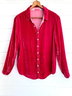 CP SHADES Romy Rayon/Silk Velvet Button Down Long Sleeve Shirt in Peony Pink - S
